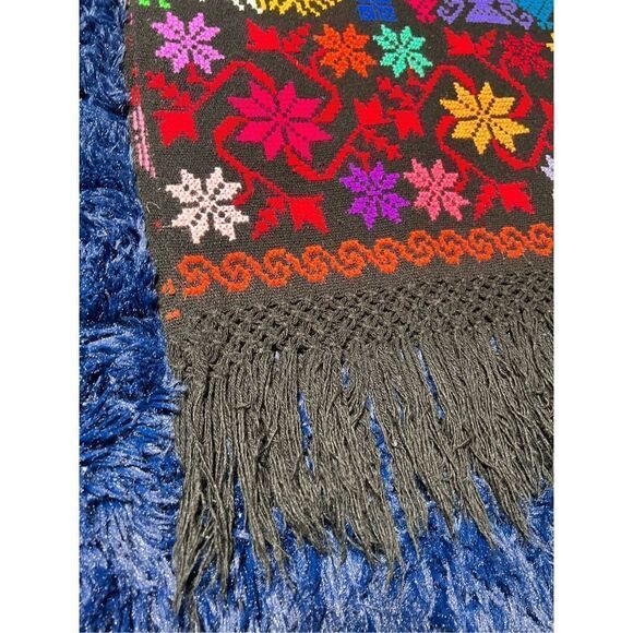 Camelia Mexican Shawl Colorful Embroidery Art Black Floral Peacock Design - Picture 2 of 7